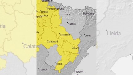 Mapa con varias zonas de las provincias de Zaragoza y Teruel en aviso amarillo. / Aemet