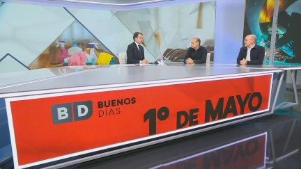 Los secretarios generales de CCOO y UGT en Aragón, Manuel Pina y José Juan Arceiz este miércoles en Buenos Días. / Aragón TV