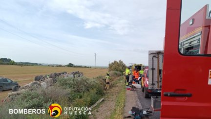 El camión cargado de cerdos ha quedado volcado en la cuneta. / Bomberos Diputración de Huesca