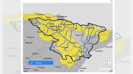 La CHE advierte de la posibilidad de crecidas súbitas en barrancos y cauces menores en gran parte de la Cuenca del Ebro este martes. / CHE