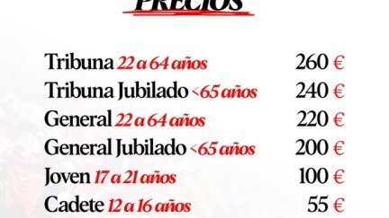 Precios de los abonos para la próxima temporada.