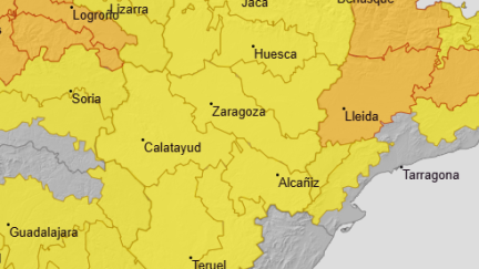 Previsión de la Aemet para este viernes, con alerta amarilla por lluvias en todo Aragón. / Aemet