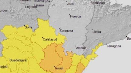 La Aemet mantiene la alerta para este miércoles en el sur de Aragón. / Aemet