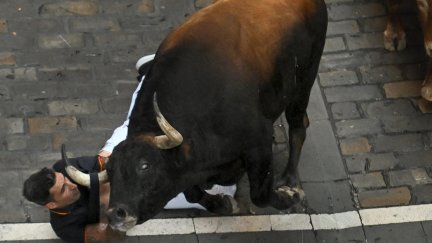 Un mozo es atropellado por un toro de la ganadería Álvaro Núñez en el tercer encierro de San Fermín 2025. / EFE