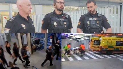 Los tres agentes que salvaron la vida del bebé, la ambulancia en la que fue trasladado y el momento en el que los policías intervinieron para ayudar al menor./ Policía Nacional