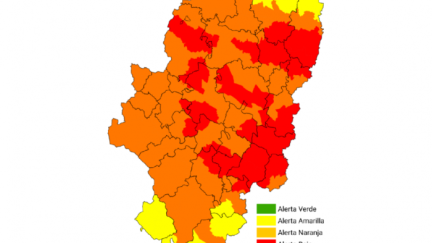 Mapa del nivel de alerta por incendios forestales en Aragón para este jueves 14. / Infoar