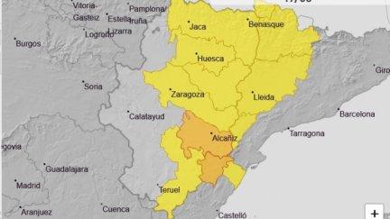 Avisos naranjas por lluvias en Pirineo y por lluvias y tormentas en Bajo Aragón, para este martes. / Gobierno de Aragón