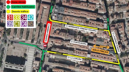 Plano de las afecciones de las obras de renovación del colector de la avenida de América, desde este lunes. | Ayuntamiento de Zaragoza
