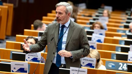 El presidente, Jorge Azcón, durante su intervención en el Pleno del Comité de las Regiones. / Gobierno de Aragón