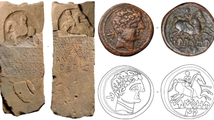 Montaje fotográfico con los dos fragmentos de la estela de Borobia y moneda de la ceca celtibérica de Virovia. / Unizar