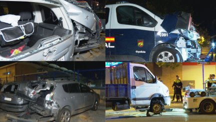 El camión caja que protagonizó la huida y varios vehículos que dañó durante la persecución. / Aragón TV
