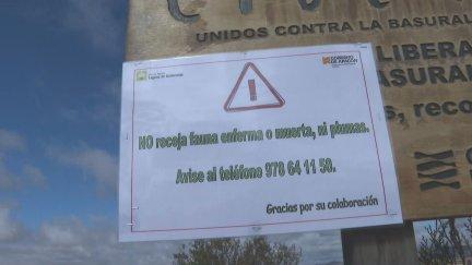 Un cartel advierte sobre los riesgos de recoger fauna enferma o muerta en la laguna de Gallocanta. / Aragón TV