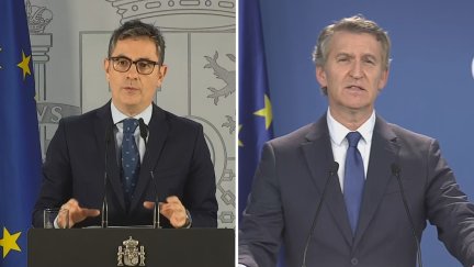 Félix Bolaños y Alberto Núñez Feijóo, durante sus respectivas intervenciones públicas. | Aragón TV