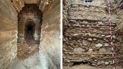 Imágenes de los restos del alcantarillado de los siglos XIX y XX y de los cimientos de la muralla medieval hallados en la plaza San Miguel. | Ayuntamiento dde Zaragoza