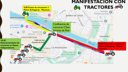 Mapa por donde van a circular los tractores este viernes en Zaragoza. / Aragón TV