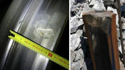 Muescas en la rueda del Iryo y el posible punto de colisión en el carril./ CIAF