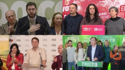 Los candidatos de Vox, IU Sumar, CHA y Aragón Teruel Existe durante las comparecencias tras la elecciones. / Aragón Tv