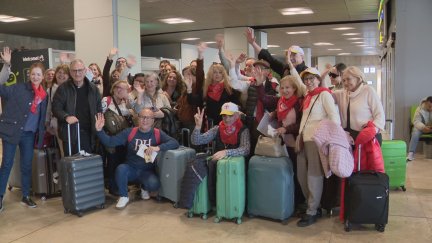 El grupo de peregrinos, entre ellos varios aragoneses, que ha regresado este miércoles de Jersualén. / Aragón TV