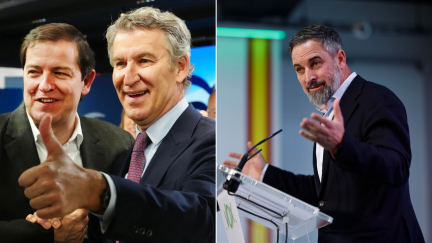 Feijóo con el presidente en funciones de Castilla y León, Fernández Mañueco, a la izquierda, y Abascal, este lunes en Madrid. / EFE. Javier Lizón y Rodrigo Jiménez