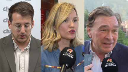 Los líderes de PSOE, CHA y Aragón-Teruel Existe comparecen ante los medios para valorar el acuerdo entre PP y Vox/ Aragón TV