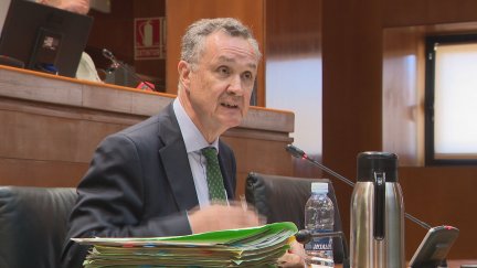 El consejero de Medio Ambiente y Turismo del Gobierno de Aragón, Luis Biendicho, este martes en las Cortes. / Aragón TV