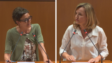 (izq) Ana Marín, portavoz del PP, y Pilar Alegría, portavoz del PSOE, en el pleno de las Cortes. / Aragón TV
