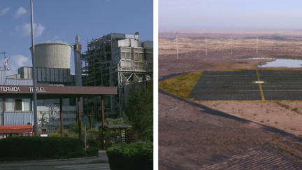 La central térmica, a la izquierda, antes de que las torres fueran demolidas, y el proyecto presentado por Endesa, a la derecha./ Aragón TV