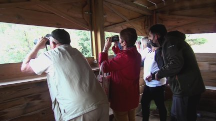 Turistas en un puesto de avistamiento de ciervos en los alrededores de Orihuela del Tremedal.  