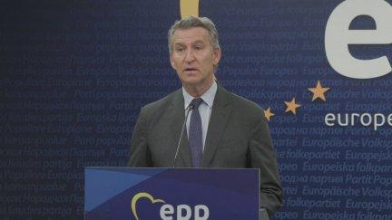 Alberto Núñez Feijóo en la comparecencia desde Bruselas./ Aragón TV
