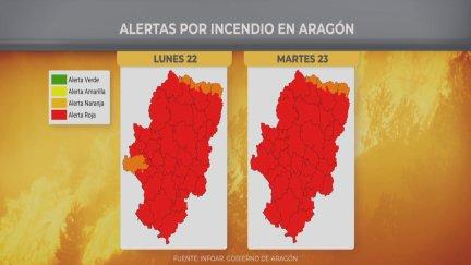 Para este martes y miércoles la alerta roja afectará a la totalidad de Aragón, salvo al Pirineo axial, donde el riesgo será de nivel naranja. / Aragón TV