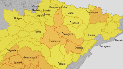Mapa de avisos naranjas por calor activos para este miércoles en Aragón.