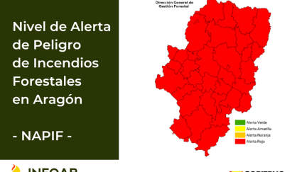 El nivel de alerta rojo por incendios alcanza a la totalidad del territorio aragonés este viernes.