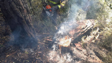 Los efectivos continúan realizando labores de vigilancia en el incendio de Riglos, que podría quedar controlado este viernes.