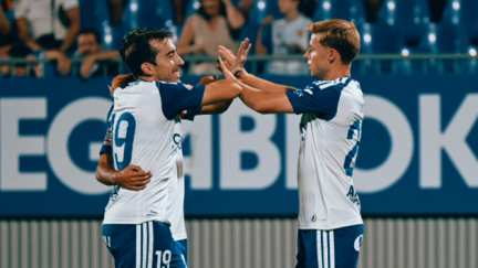 Emil Hansson celebrando un gol durante la pretemporada con el Real Zaragoza