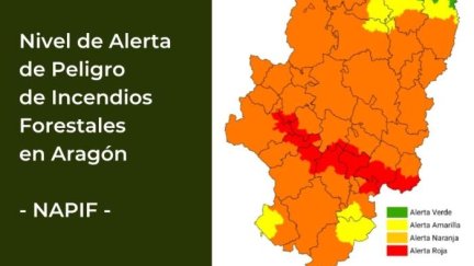 Mapa de alertas de peligros de incendios forestales en Aragón.