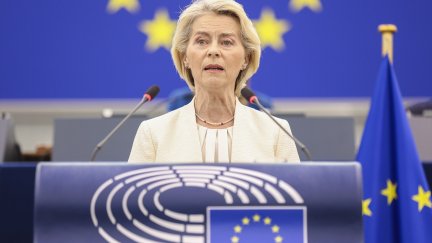 La presidenta de la Comisión Europea, Ursula von der Leyen, durante su intervención este miércoles en el Debate sobre el Estado de la Unión ante el pleno del Parlamento Europeo en Estrasburgo (Francia).