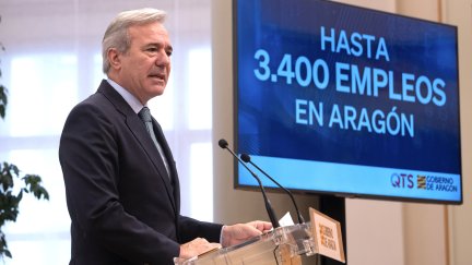 El presidente de Aragón, Jorge Azcón, durante la presentación del PIGA para que Blackstone construya el campus de centros de datos en Calatorao.