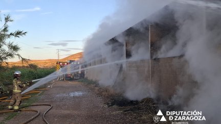 El fuego se ha declarado en una nave agrícola que almacena alfalfa. / DPZ