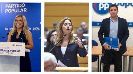 De izquierda a derecha, Ana Alós, Rocío Dívar y Alberto Herrero, cabezas de lista del PP al Congreso por Huesca, Zaragoza y Teruel.