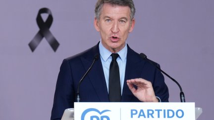 El presidente del PP, Alberto Núñez Feijóo, durante la rueda de prensa posterior a la reunión de este viernes con expertos en infraestructuras y servicios ferroviarios.