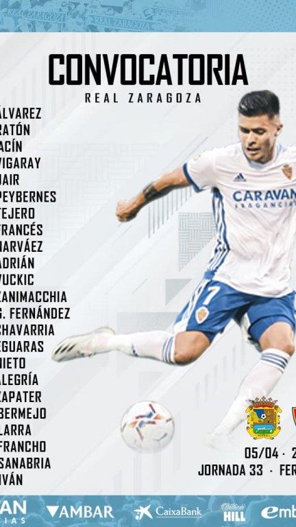 Convocatoria del Real Zaragoza para el duelo de este lunes ante el Fuenlabrada.