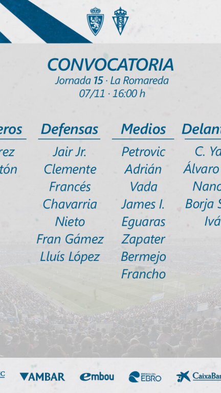 Lista de convocador para el duelo ante el Sporting de Gijón. Foto: Real Zaragoza.