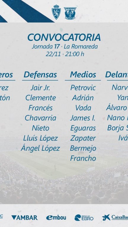 Convocatoria del Real Zaragoza para recibir al Leganés. Foto: RZ.