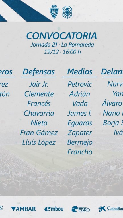 Convocatoria del Real Zaragoza para el duelo ante el Tenerife de este domingo.