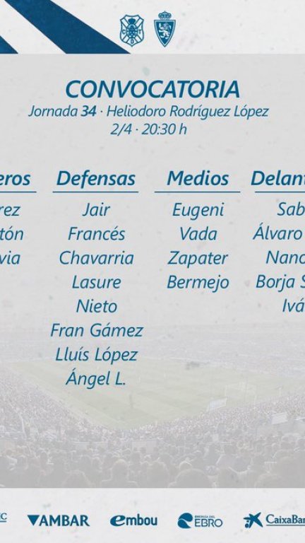 Lista del Real Zaragoza para el duelo ante el CD Tenerife de este sábado.