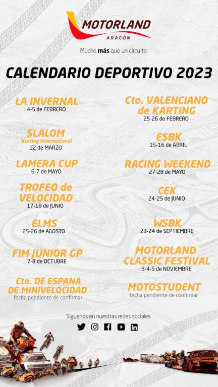 Calendario deportivo de Motorland Aragón para 2023.
