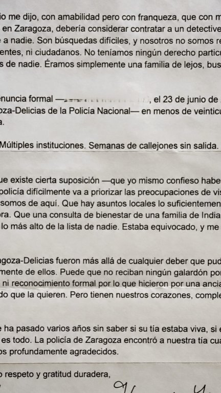 El sobrino de la mujer envió una carta agradecimiento al director general de la Policía.