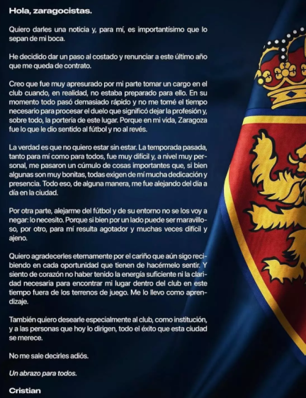 Comunicado de Cristian Álvarez en el que renuncia a ser responsable de Relaciones Institucionales del Real Zaragoza