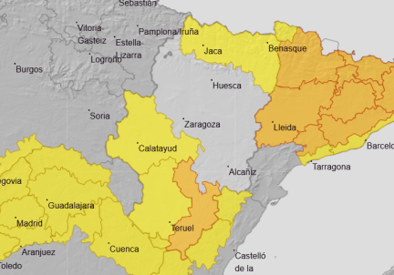 Alerta naranja por lluvias y tormentas en Gúdar y Maestrazgo y amarilla en el Pirineo y en la Ibérica zaragozana