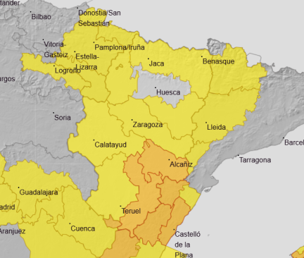 Aviso naranja por lluvias y tormentas en el Bajo Aragón, Gúdar y Maestrazgo